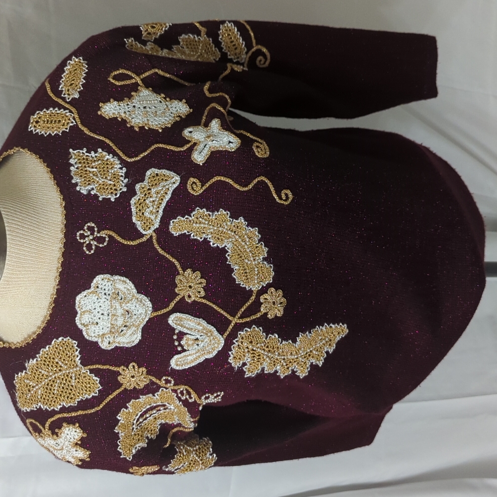 Burgundy embroidered and pearl sweater